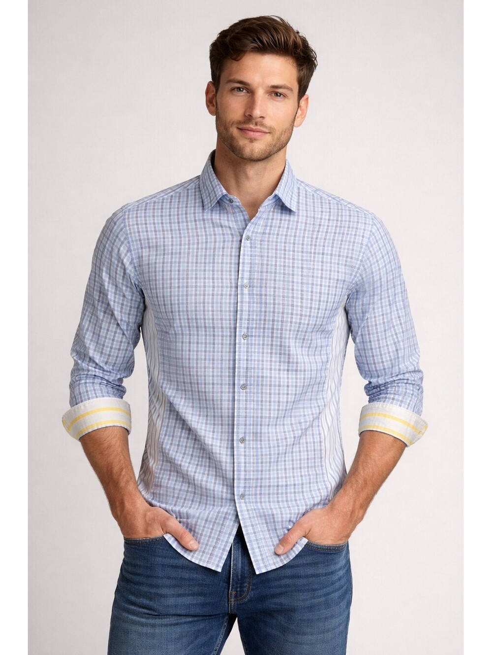 Robert Graham M XL Tailored Fit Blue Plaid Shirt Stripe Panels Flip Cuffs Lg/Slv